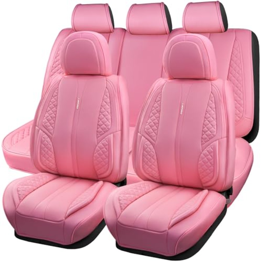 Leather Car Seat Covers Full Set Universal - Nappa Pink PU Leather Car Seat